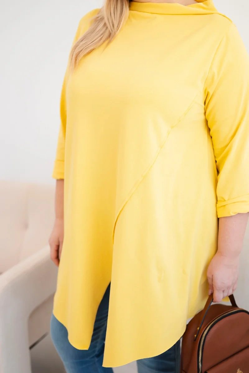Bluzka damska bawełniana Plus Size asymetryczna z podwijanym rękawem żółta - obrazek 3