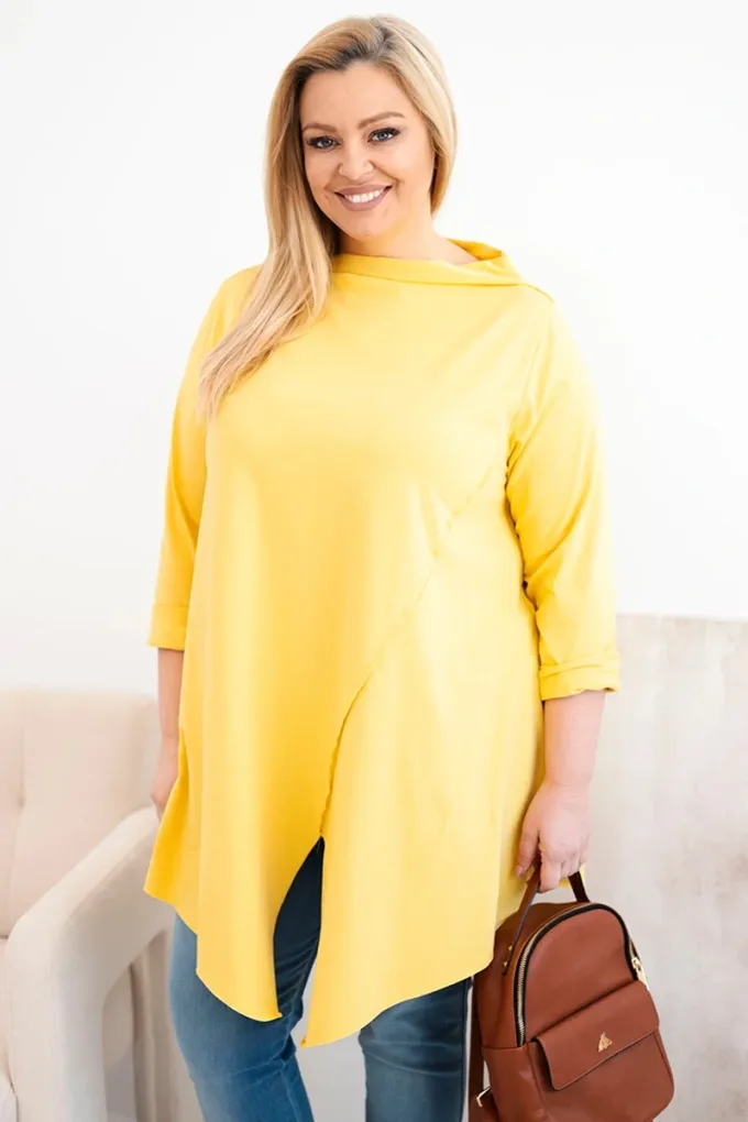 Bluzka damska bawełniana Plus Size asymetryczna z podwijanym rękawem żółta