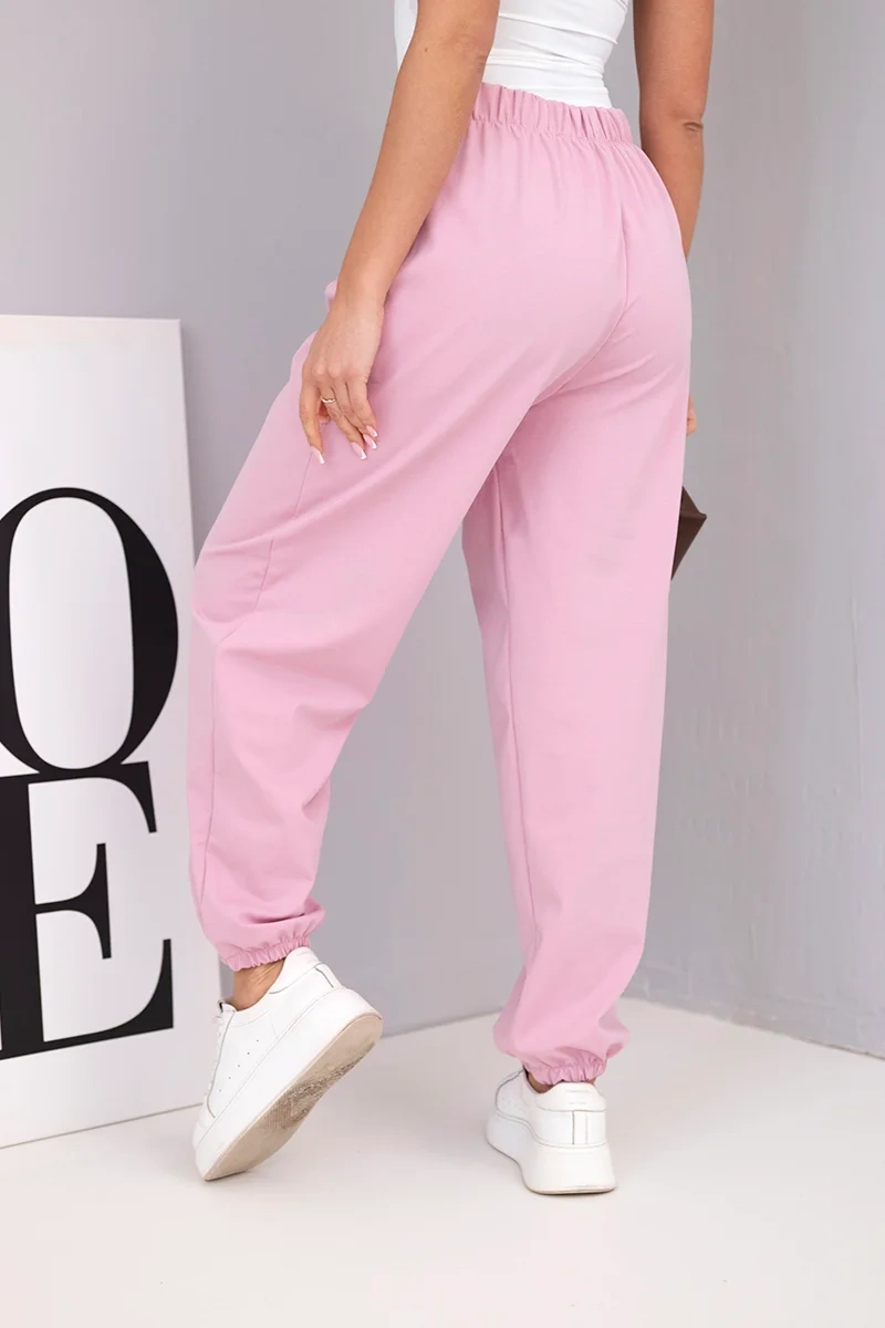 Spodnie damskie bawełniane z wysokim stanem i ozdobnym guzikiem ciemno różowe - obrazek 3