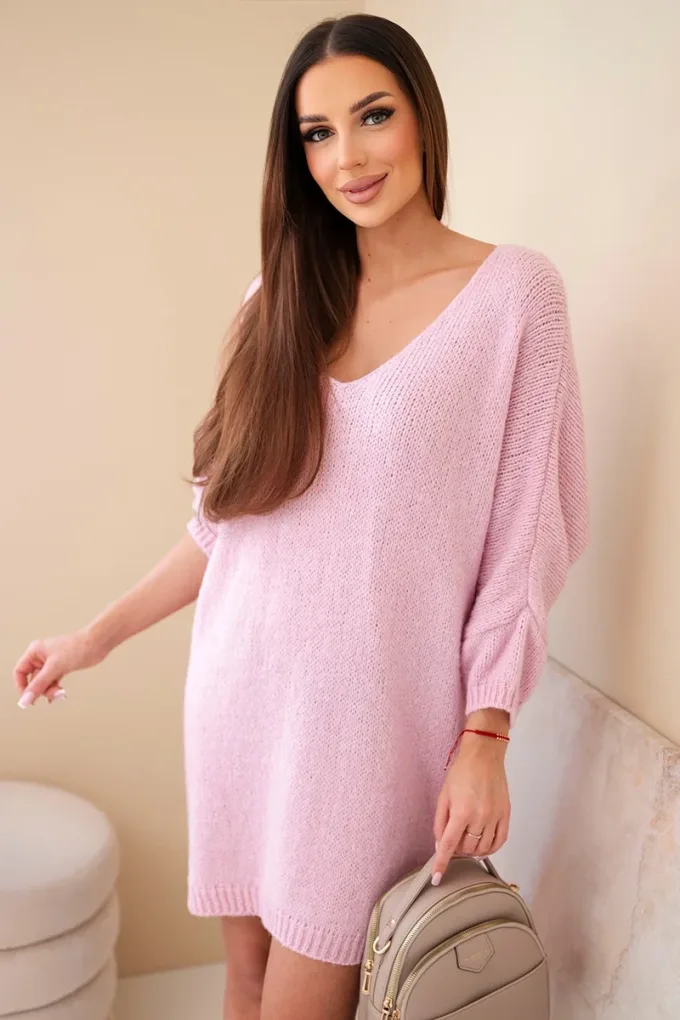Sukienka swetrowa damska Plus Size wełniana z dekoltem V jasno różowa