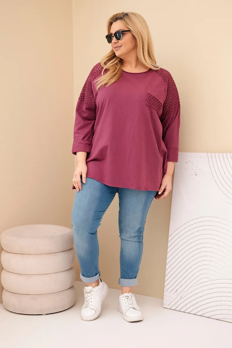 Bluza damska Plus Size bawełniana z nadrukiem bordowa - obrazek 7