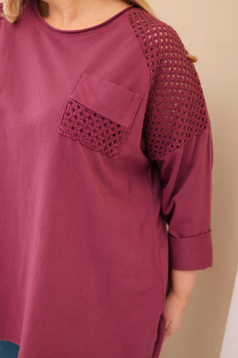 Bluza damska Plus Size bawełniana z nadrukiem bordowa - obrazek 6