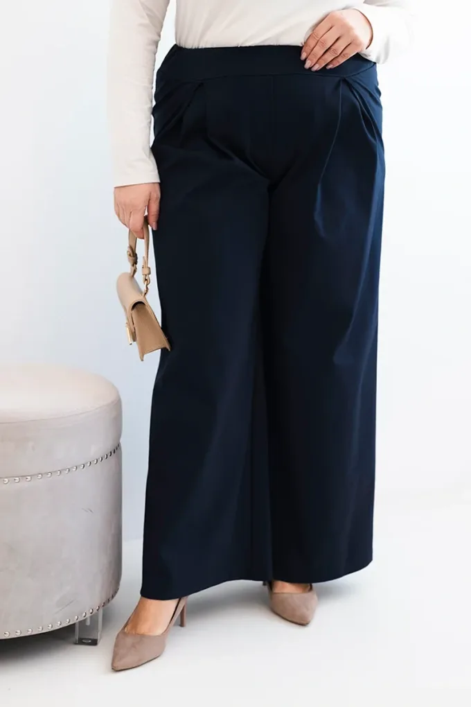 Spodnie damskie Plus Size z szerokimi nogawkami i plisowaniem granatowe
