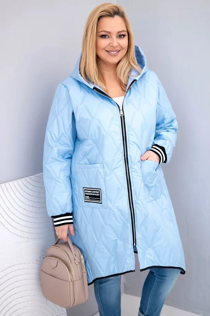Kurtka damska Plus Size pikowana z kapturem i sportowymi mankietami niebieska