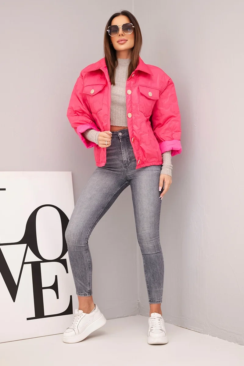 Kurtka damska wiosenna pikowana z kwiatowym wzorem różowa - obrazek 2