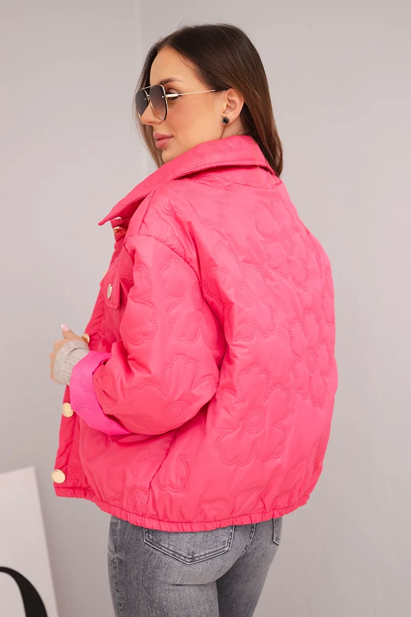 Kurtka damska wiosenna pikowana z kwiatowym wzorem różowa - obrazek 3