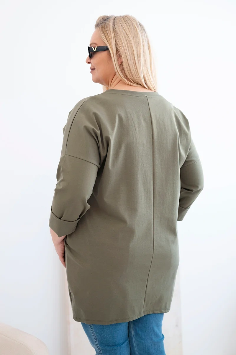 Bluzka damska Plus Size z dłuższym tyłem i długim rękawem khaki - obrazek 3