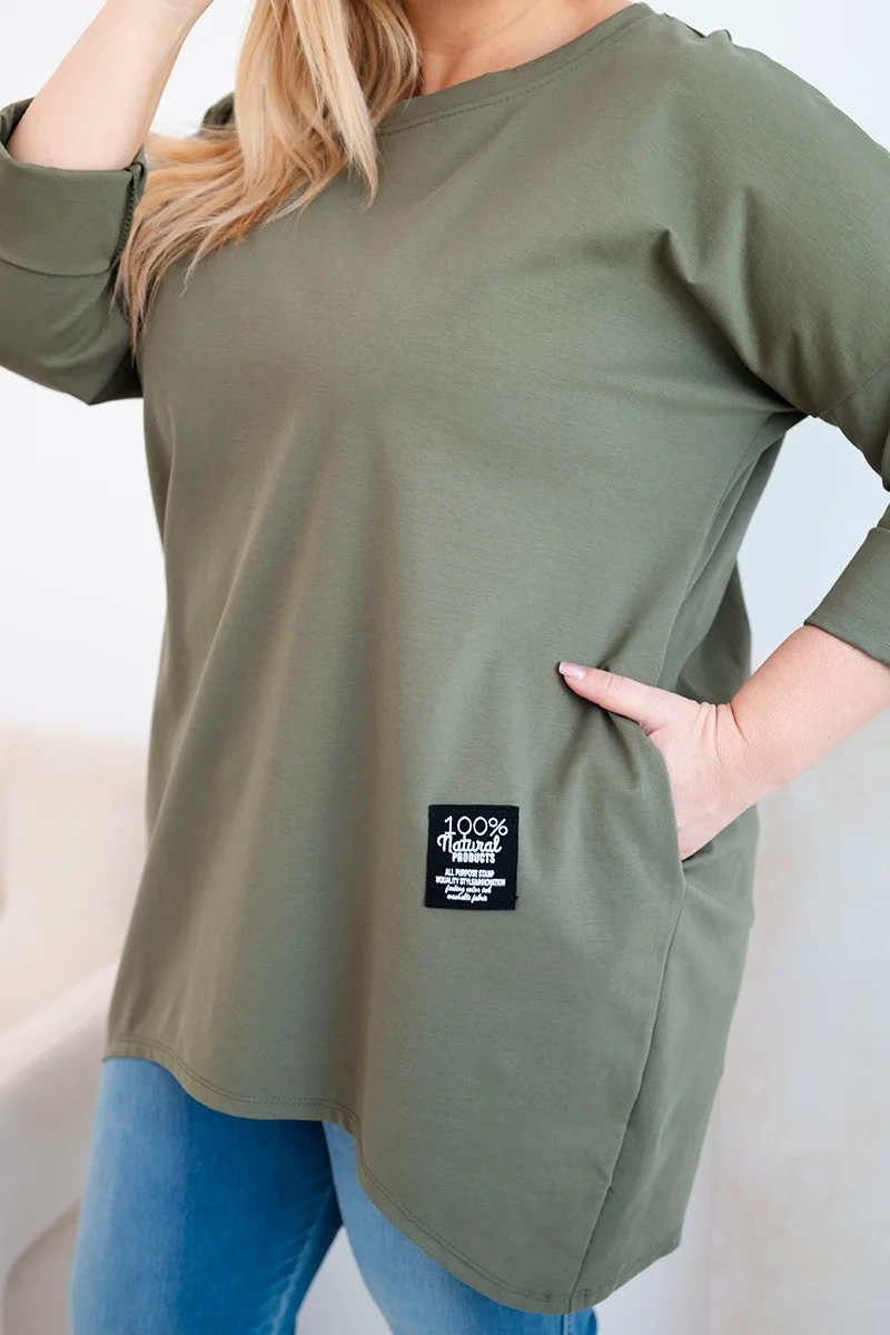 Bluzka damska Plus Size z dłuższym tyłem i długim rękawem khaki - obrazek 4