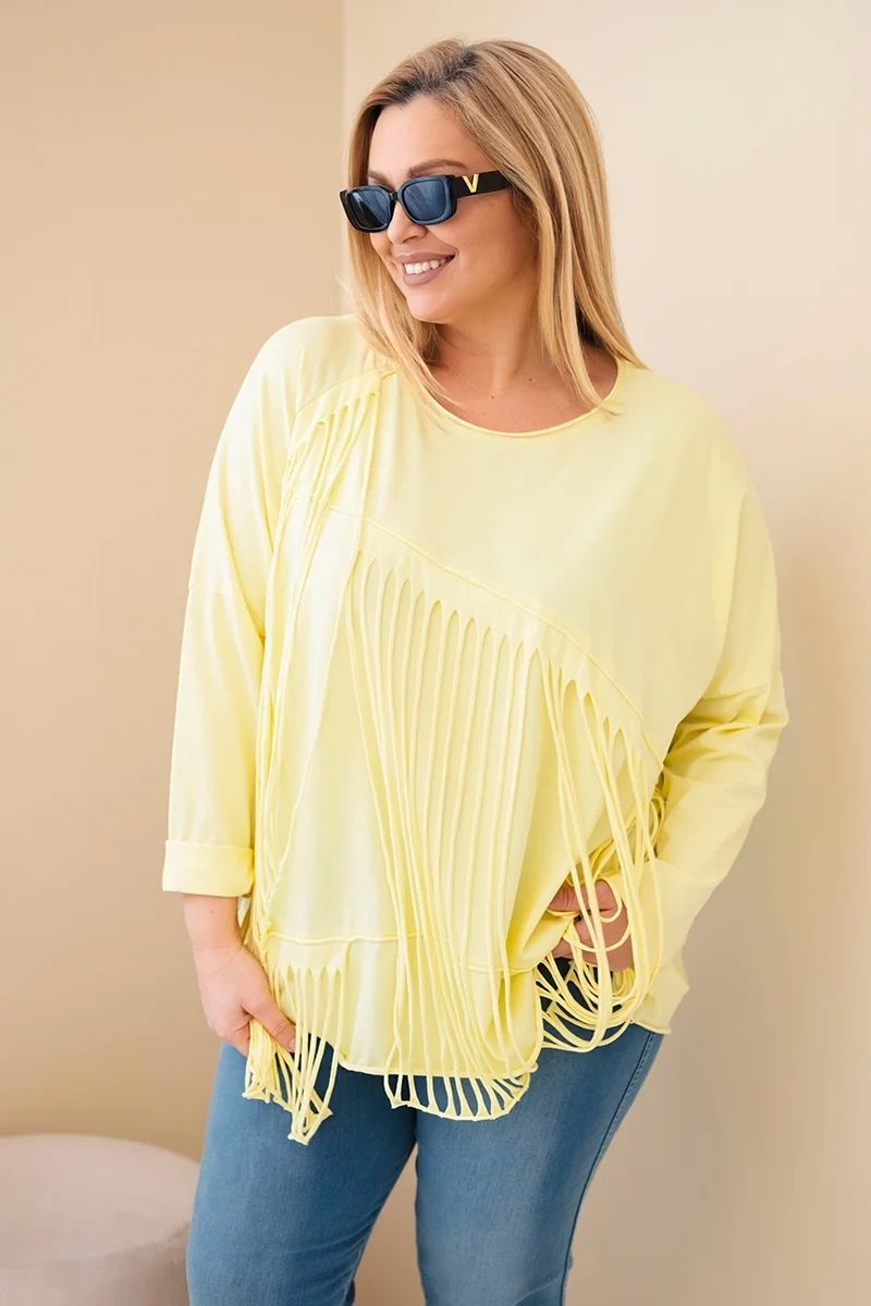 Bluzka damska bawełniana Plus Size z frędzlami żółta