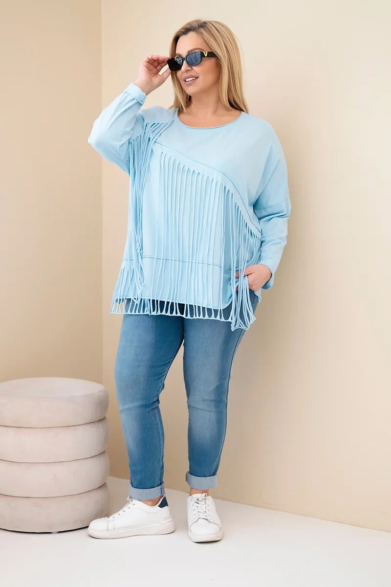 Bluzka damska bawełniana Plus Size z frędzlami niebieska - obrazek 3