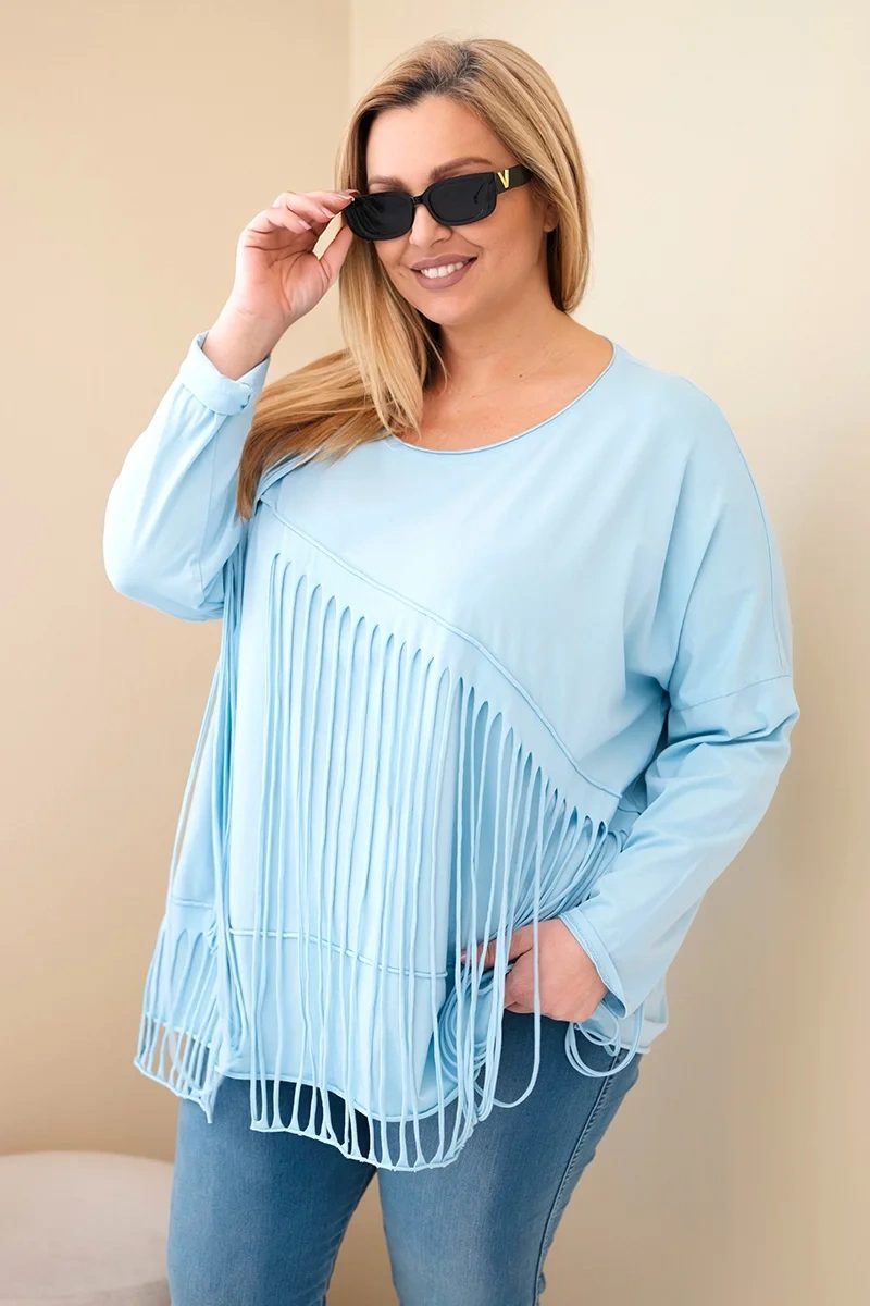 Bluzka damska bawełniana Plus Size z frędzlami niebieska