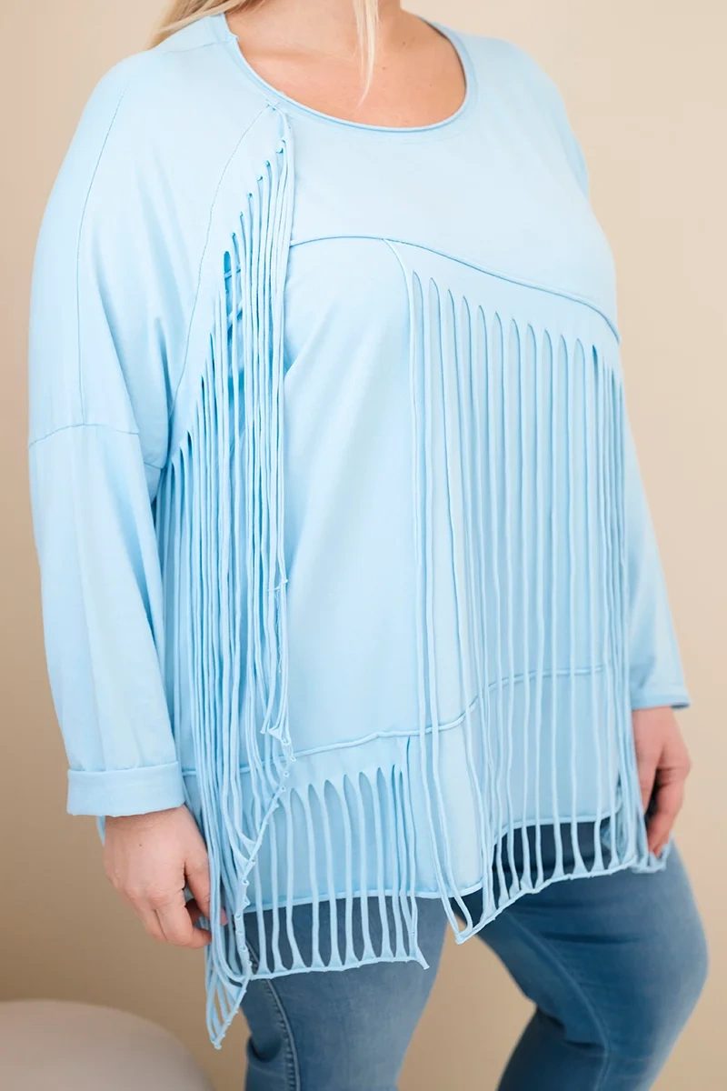 Bluzka damska bawełniana Plus Size z frędzlami niebieska - obrazek 2