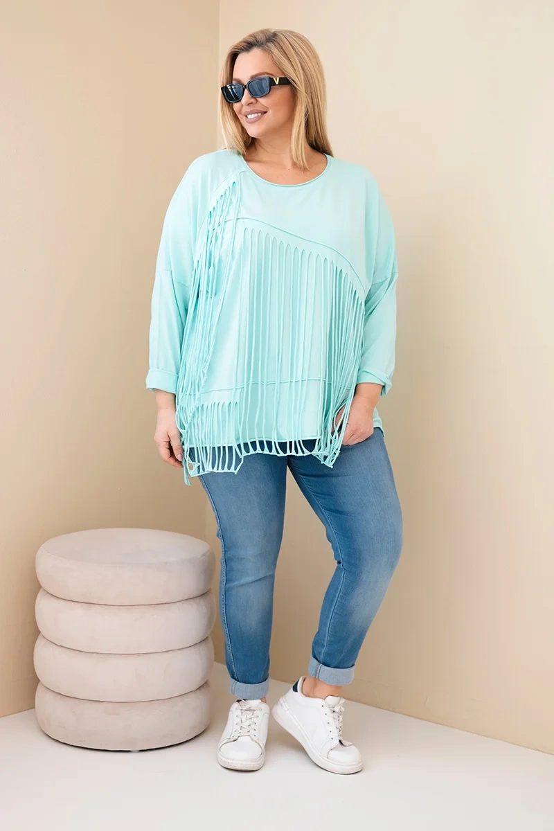 Bluzka damska bawełniana Plus Size z frędzlami miętowa - obrazek 3