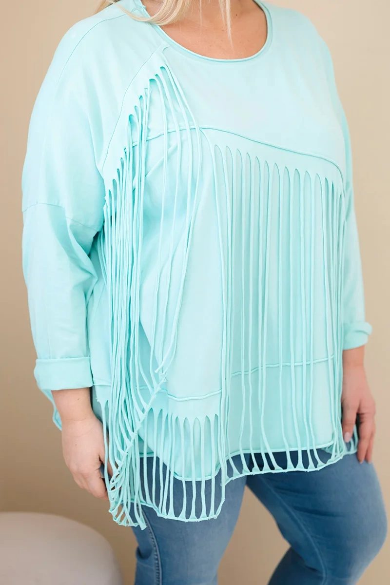 Bluzka damska bawełniana Plus Size z frędzlami miętowa - obrazek 2