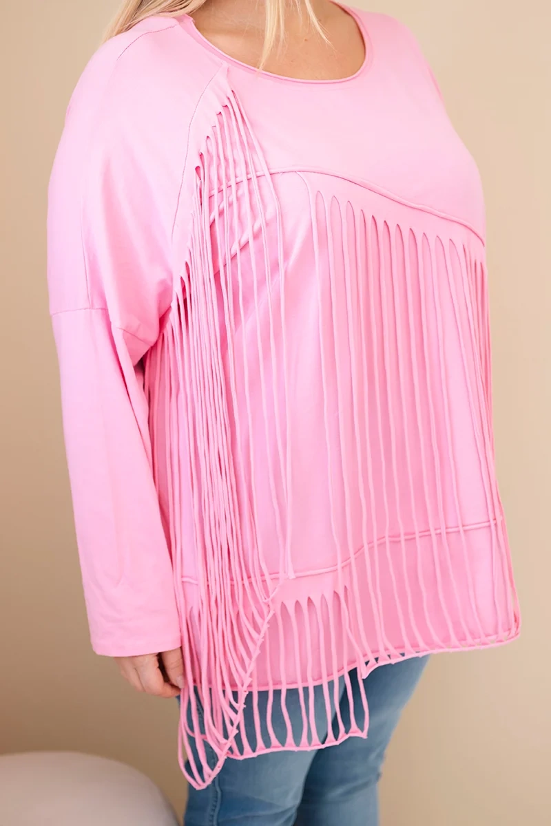 Bluzka damska bawełniana Plus Size z frędzlami jasno różowa - obrazek 2