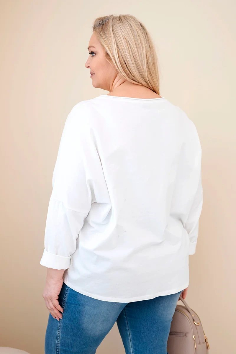 Bluzka damska bawełniana Plus Size z dekoltem V biała - obrazek 4