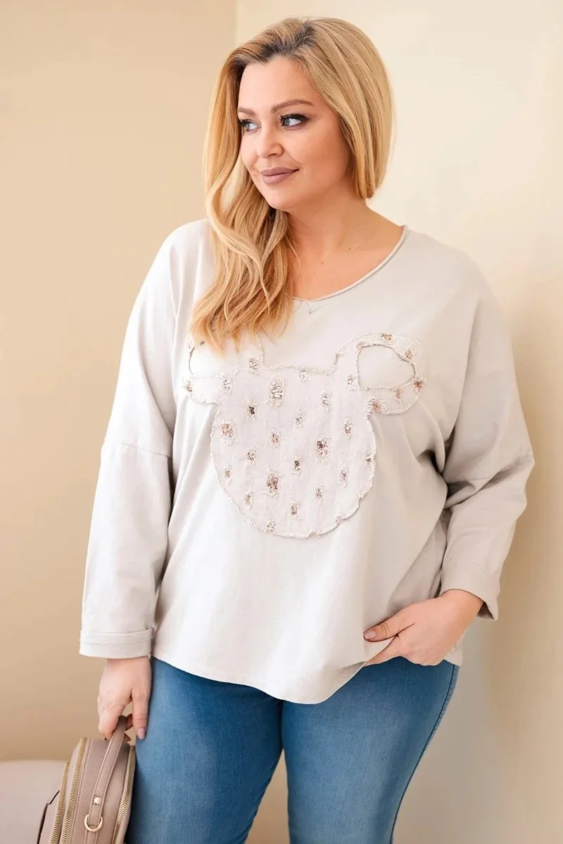 Bluzka damska bawełniana Plus Size z dekoltem V beżowa