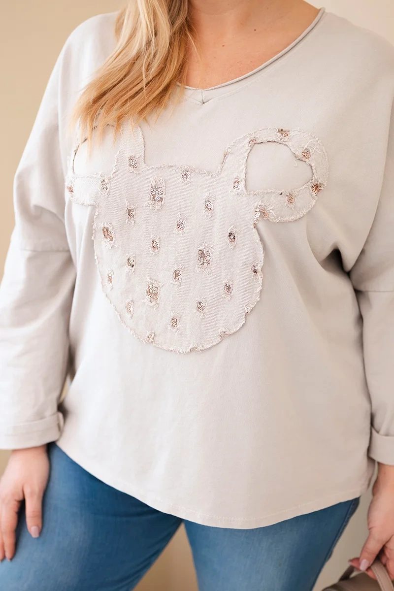 Bluzka damska bawełniana Plus Size z dekoltem V beżowa - obrazek 2