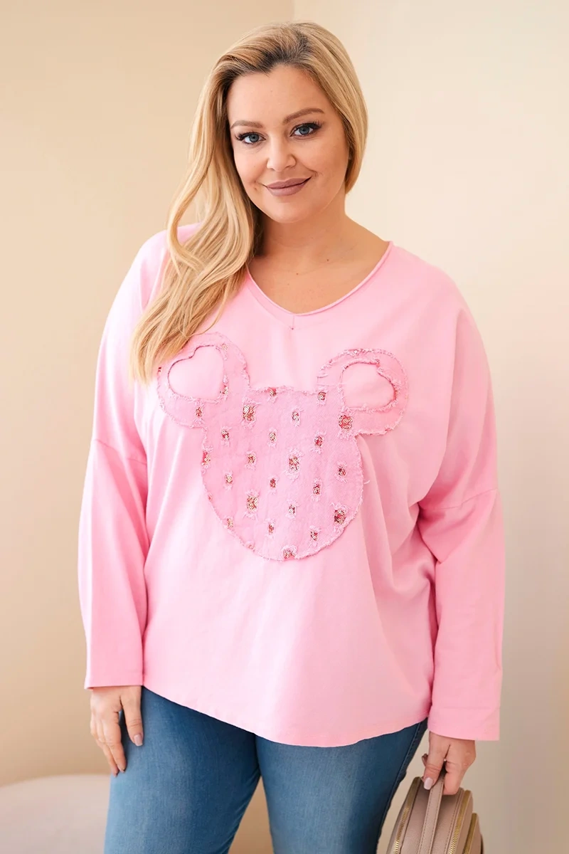 Bluzka damska bawełniana Plus Size z dekoltem V jasno różowa