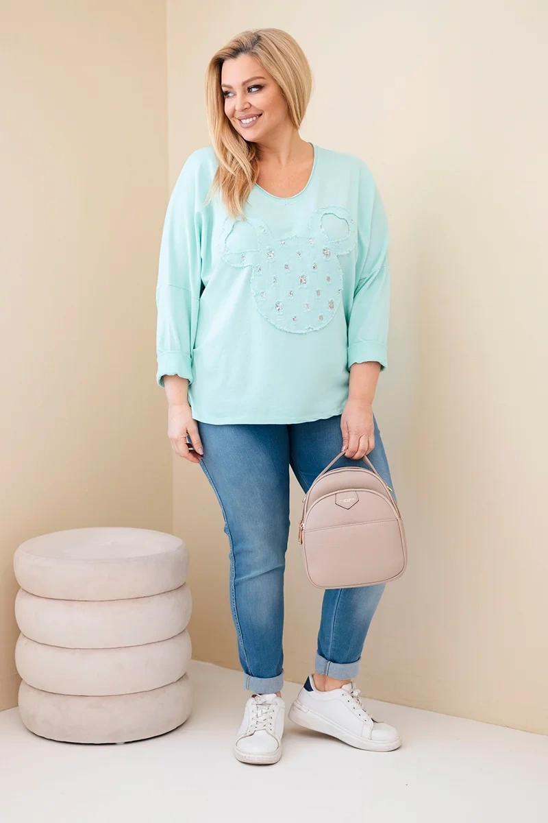 Bluzka damska bawełniana Plus Size z dekoltem V miętowa - obrazek 3