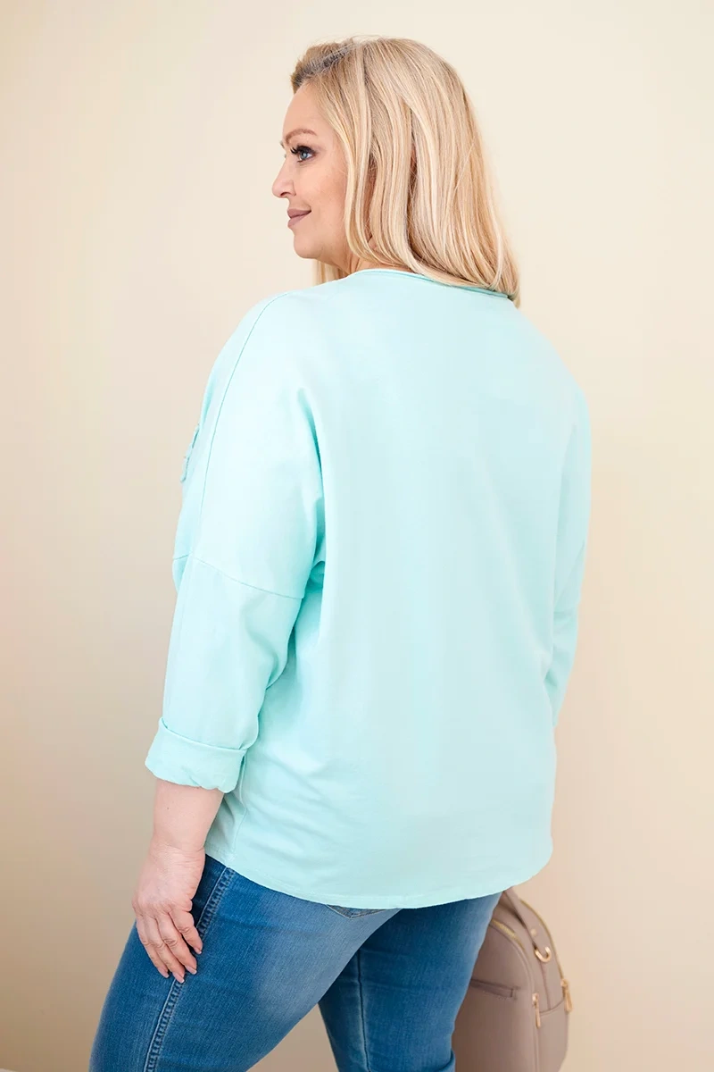 Bluzka damska bawełniana Plus Size z dekoltem V miętowa - obrazek 4