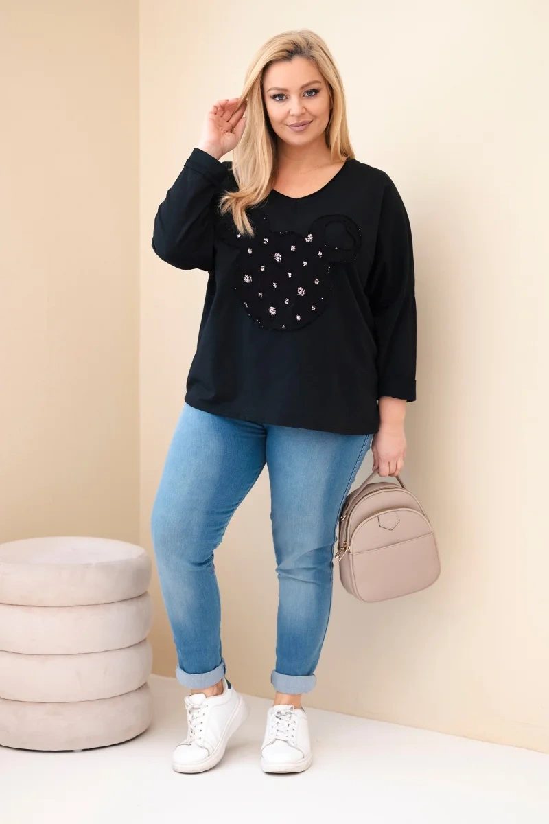 Bluzka damska bawełniana Plus Size z dekoltem V czarna - obrazek 3