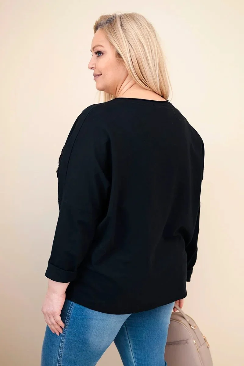 Bluzka damska bawełniana Plus Size z dekoltem V czarna - obrazek 4