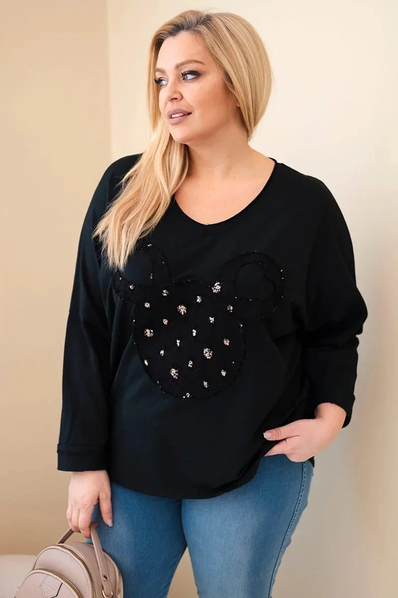 Bluzka damska bawełniana Plus Size z dekoltem V czarna
