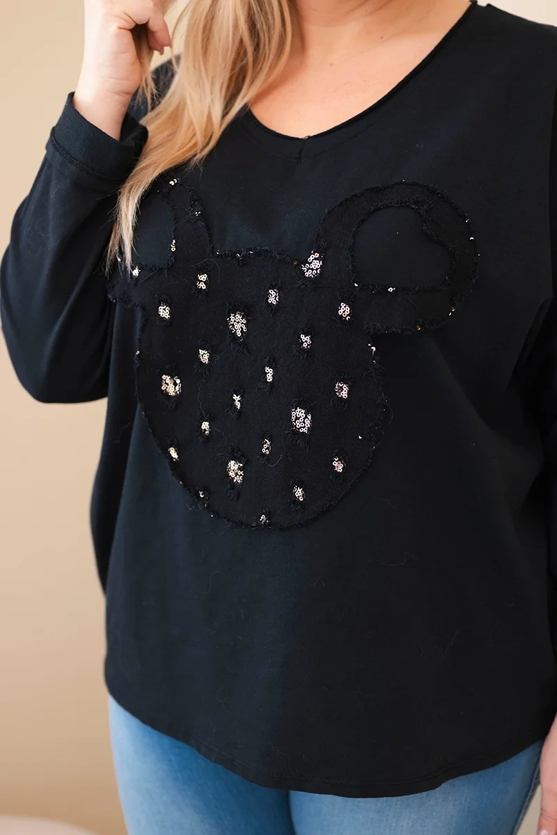 Bluzka damska bawełniana Plus Size z dekoltem V czarna - obrazek 2