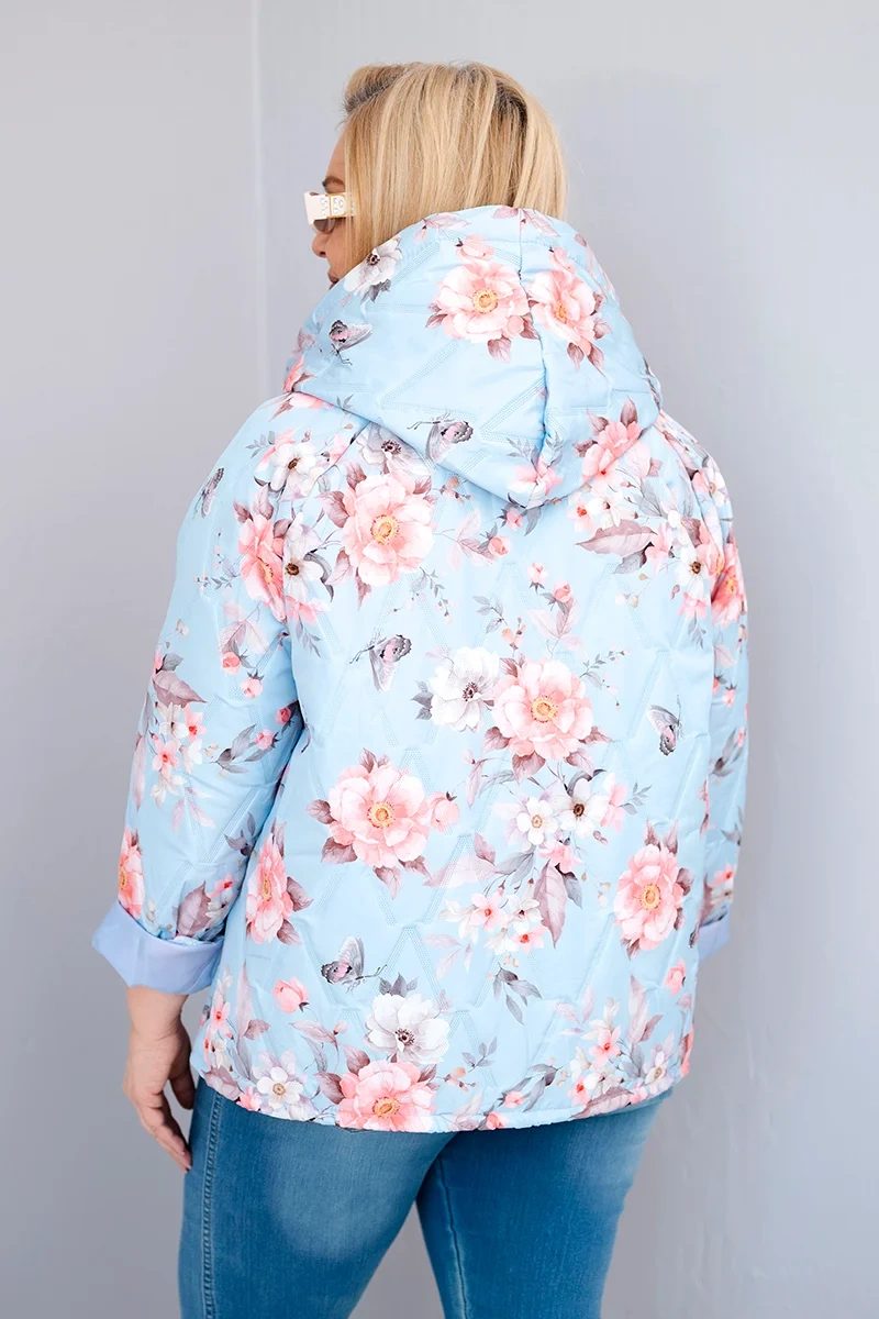Kurtka damska wiosenna pikowana Plus Size z kapturem i kwiatowym wzorem niebieska - obrazek 3