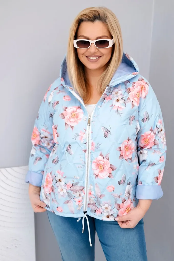 Kurtka damska wiosenna pikowana Plus Size z kapturem i kwiatowym wzorem niebieska