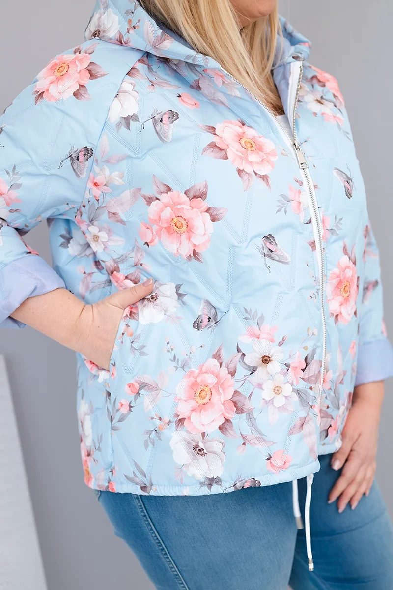 Kurtka damska wiosenna pikowana Plus Size z kapturem i kwiatowym wzorem niebieska - obrazek 4