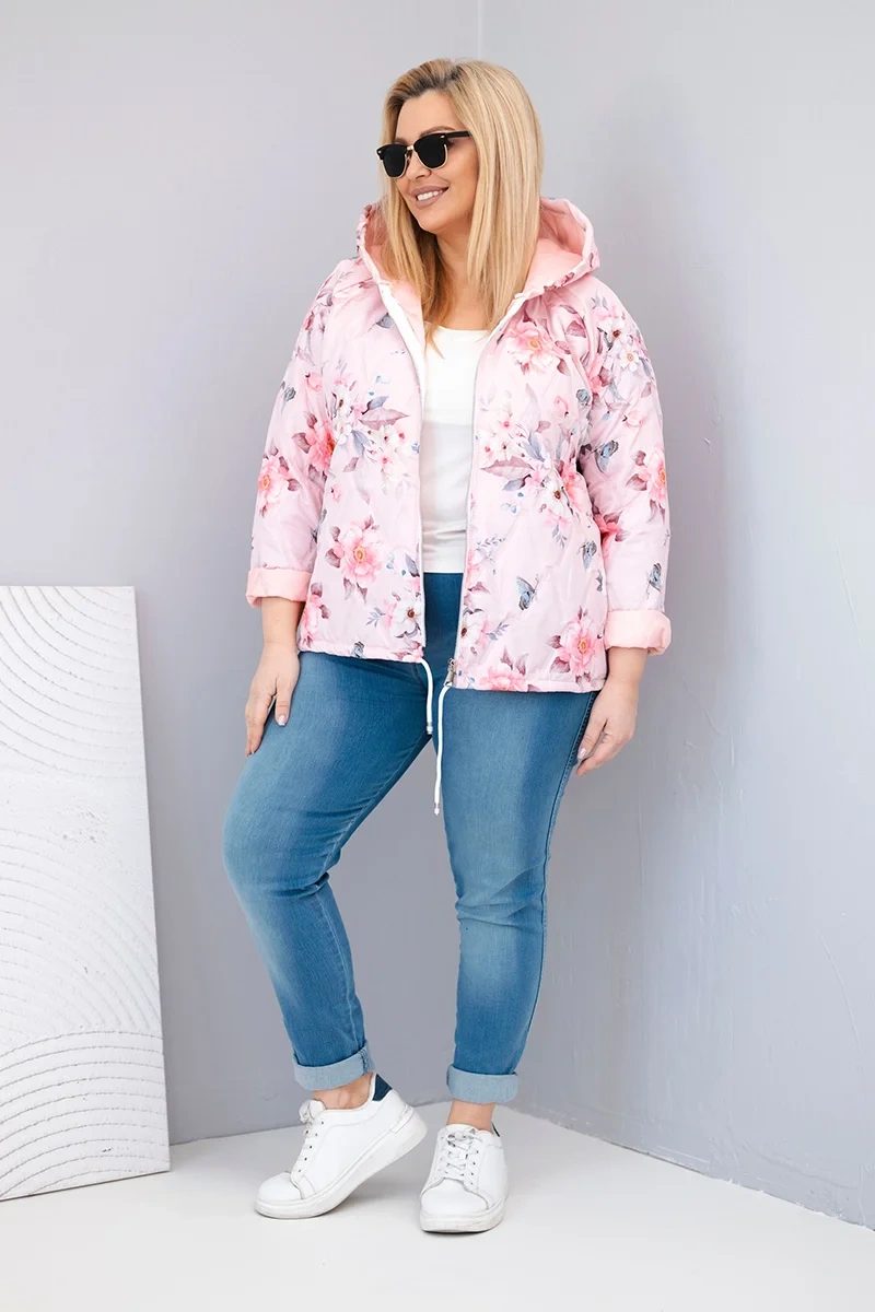 Kurtka damska wiosenna pikowana Plus Size z kapturem i kwiatowym wzorem pudrowy róż - obrazek 2