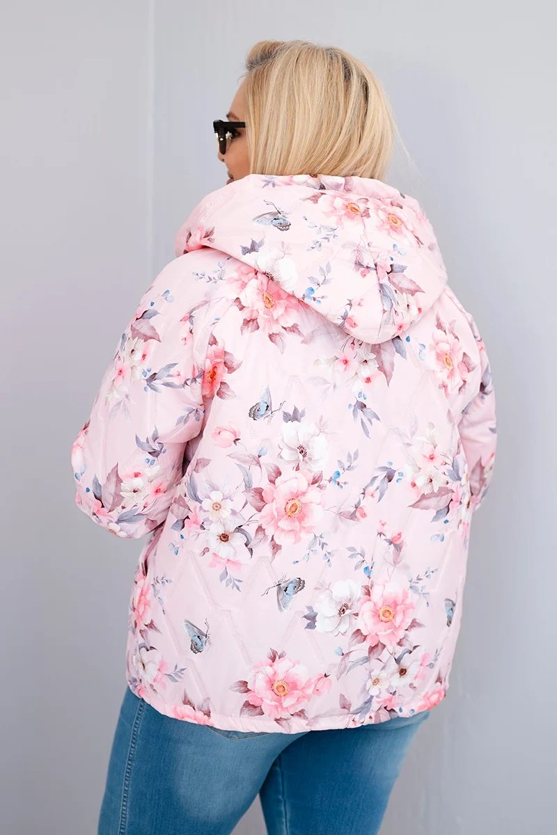 Kurtka damska wiosenna pikowana Plus Size z kapturem i kwiatowym wzorem pudrowy róż - obrazek 3