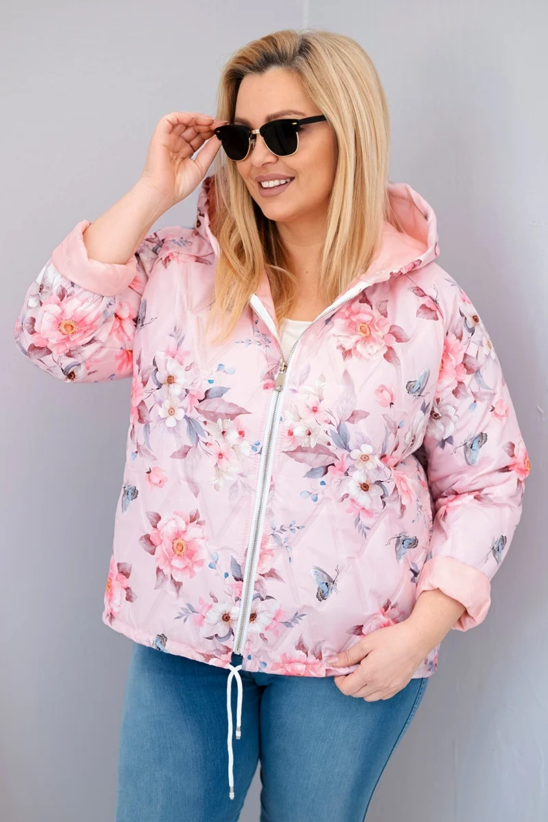 Kurtka damska wiosenna pikowana Plus Size z kapturem i kwiatowym wzorem pudrowy róż