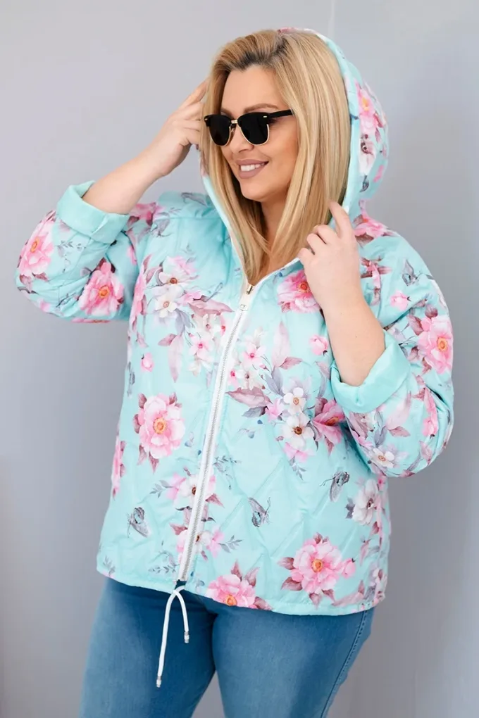 Kurtka damska wiosenna pikowana Plus Size z kapturem i kwiatowym wzorem miętowa