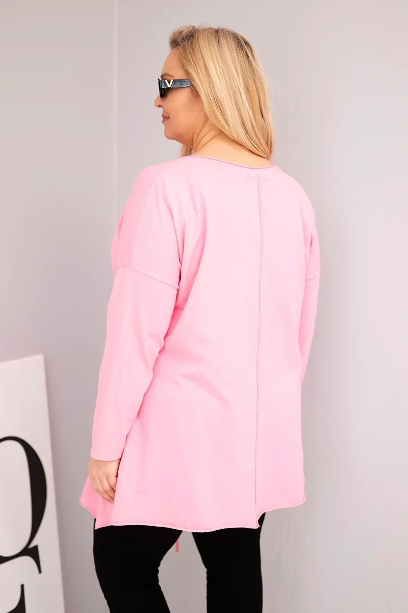 Bluzka damska bawełniana Plus Size z asymetrycznym dołem i wycięciami jasno różowa - obrazek 3