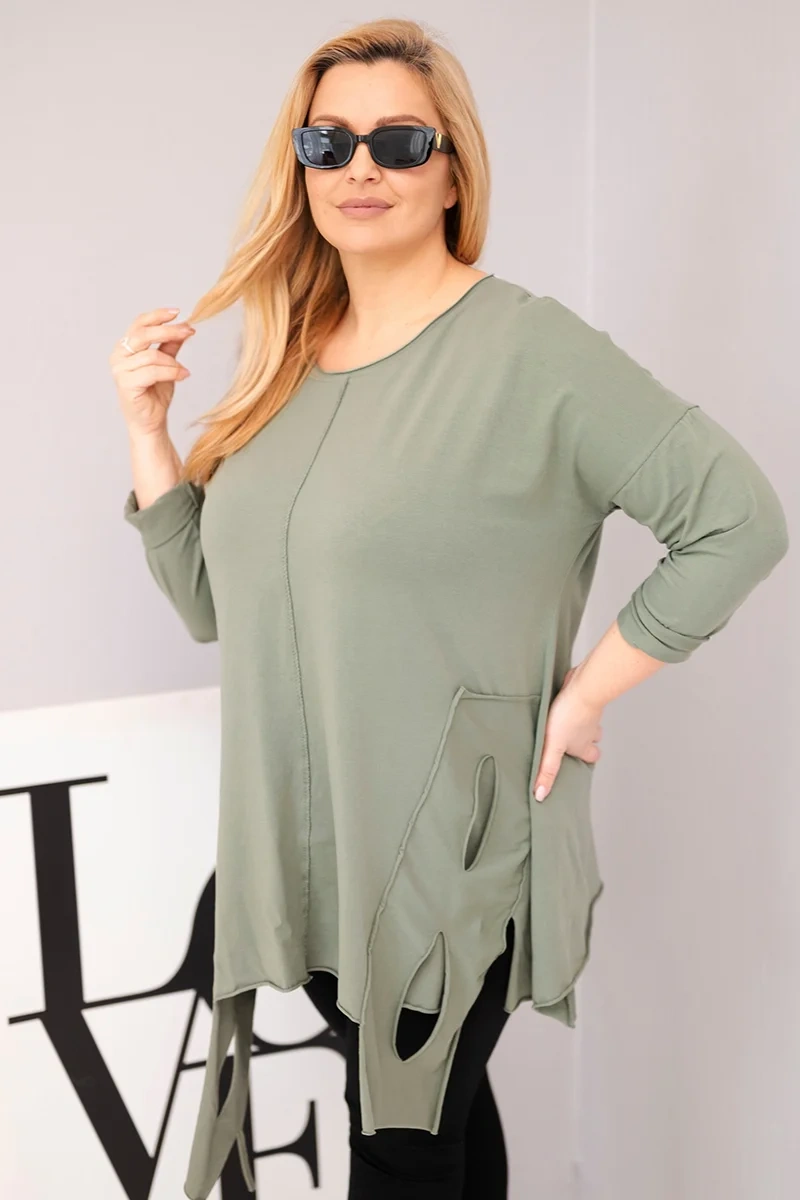 Bluzka damska bawełniana Plus Size z asymetrycznym dołem i wycięciami khaki