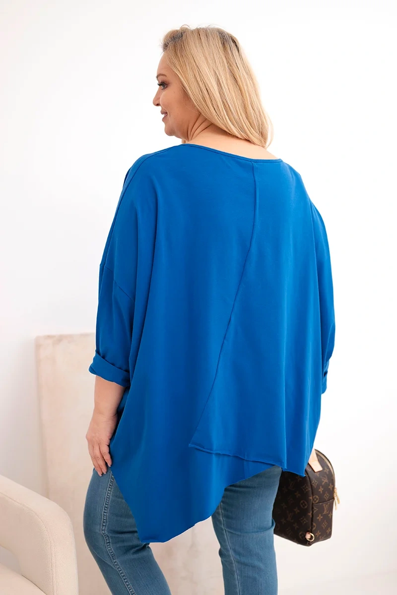 Bluzka damska bawełniana Plus Size z asymetrycznym dołem i dekoltem V chabrowa - obrazek 3