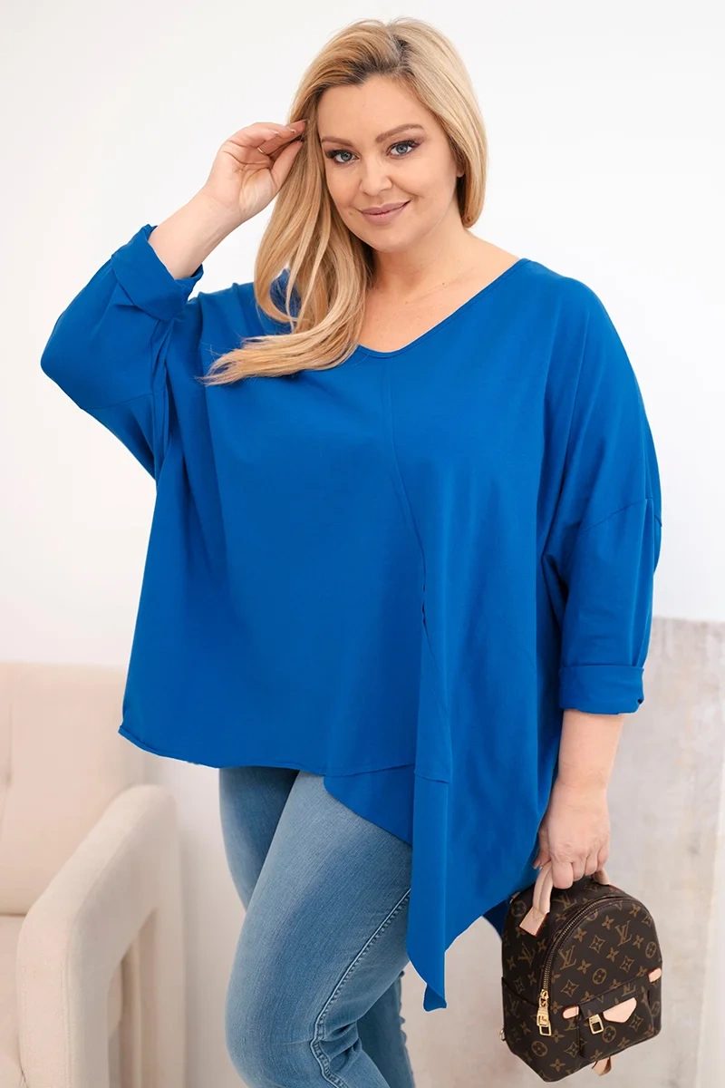Bluzka damska bawełniana Plus Size z asymetrycznym dołem i dekoltem V chabrowa