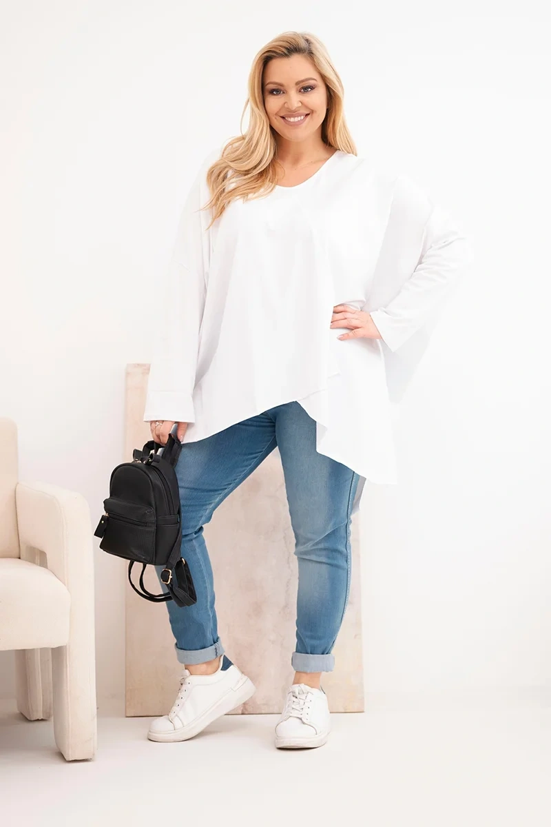 Bluzka damska bawełniana Plus Size z asymetrycznym dołem i dekoltem V biała - obrazek 2