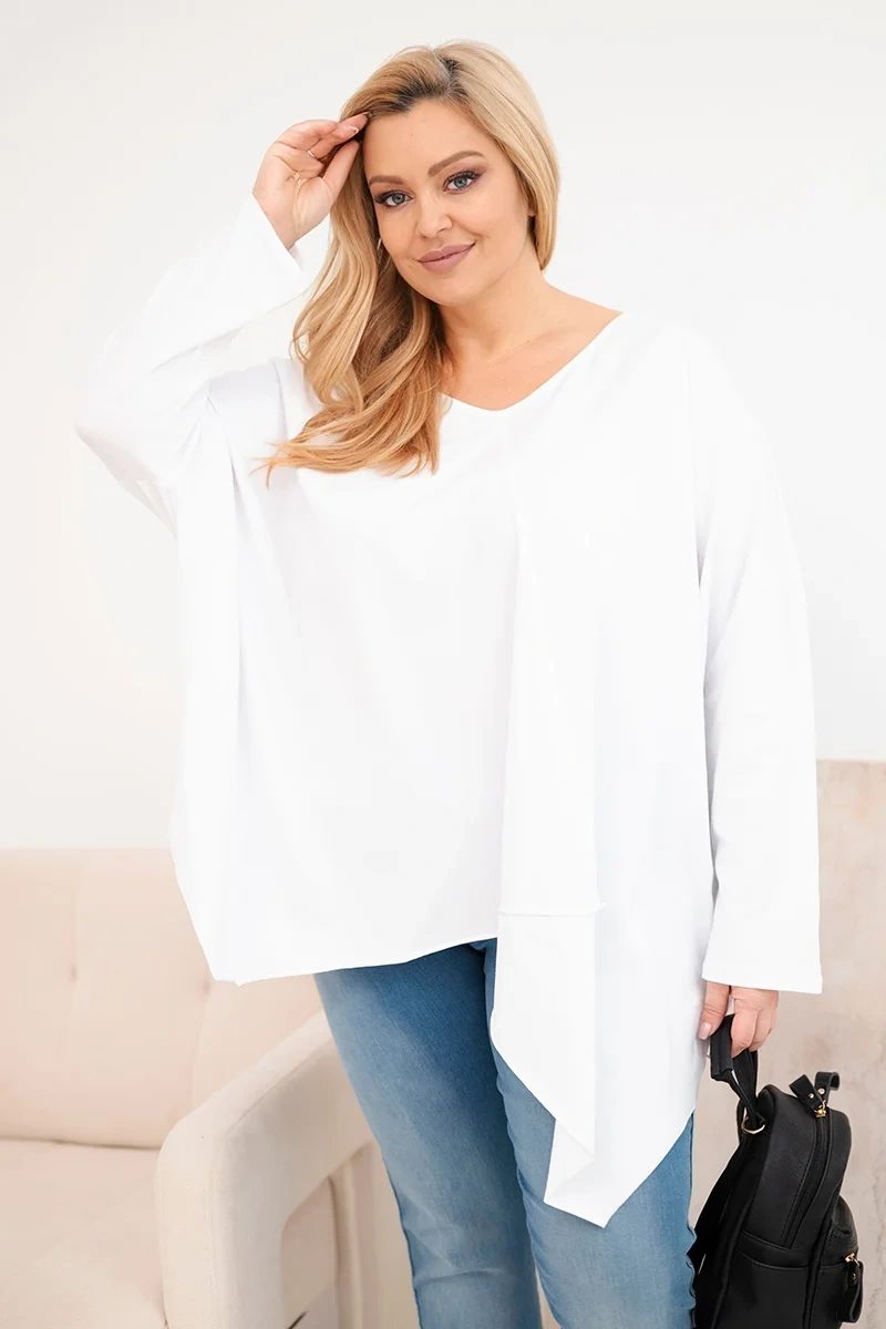 Bluzka damska bawełniana Plus Size z asymetrycznym dołem i dekoltem V biała