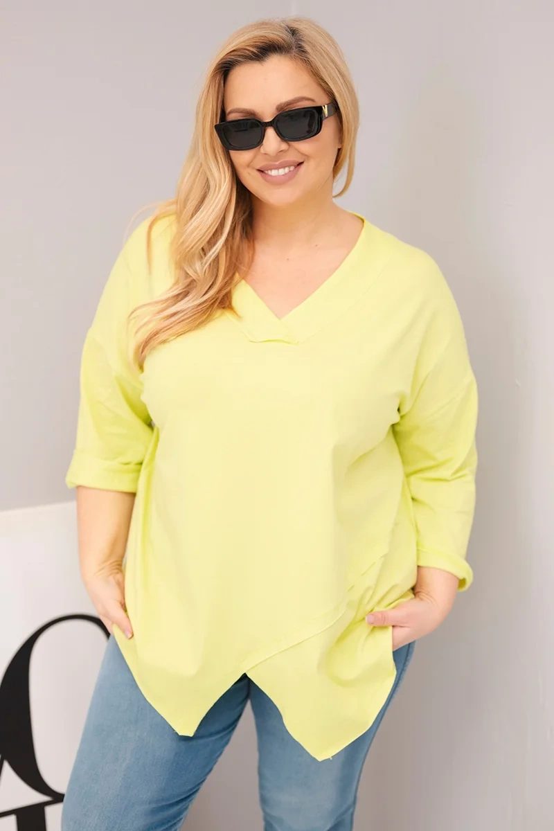 Bluzka damska bawełniana Plus Size z głębokim dekoltem V i asymetrycznym dołem żółty neon