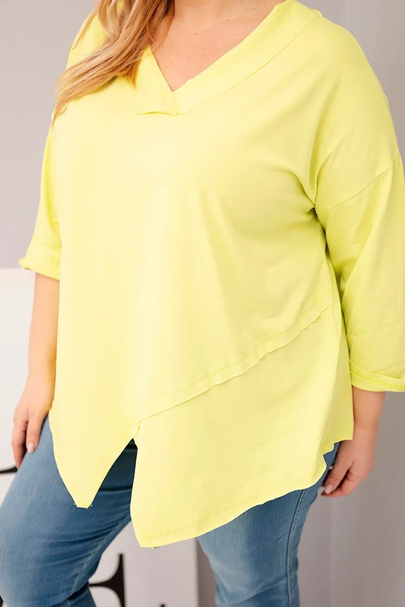 Bluzka damska bawełniana Plus Size z głębokim dekoltem V i asymetrycznym dołem żółty neon - obrazek 4