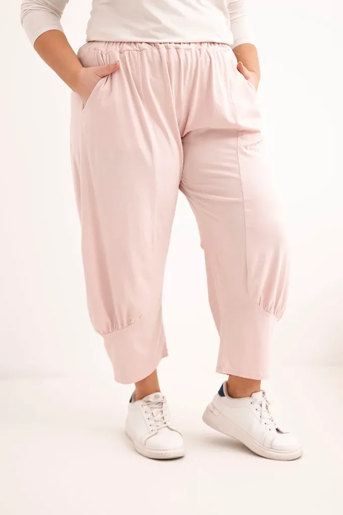 Spodnie damskie Plus Size z obniżonym krokiem i gumką w pasie ciemny pudrowy róż