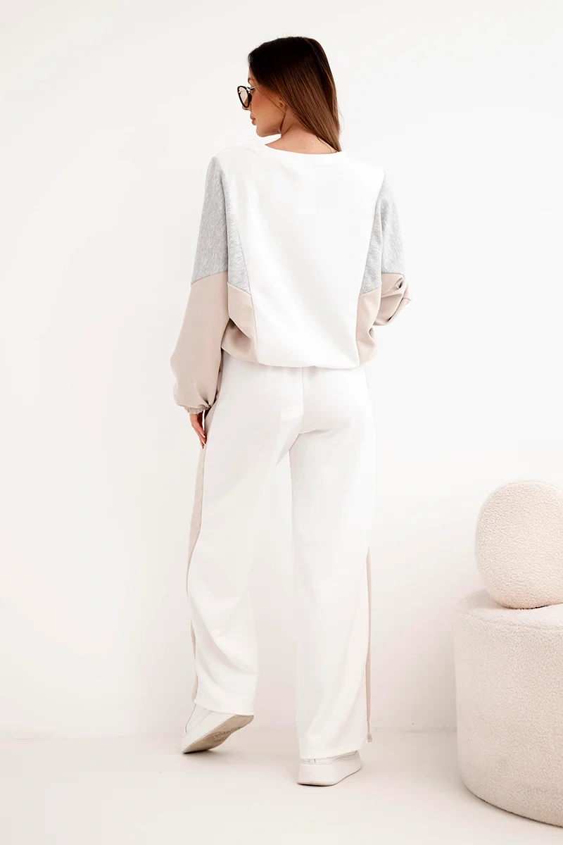 Komplet damski masełko z luźną bluzą i spodniami z szeroką nogawką beżowy - obrazek 3