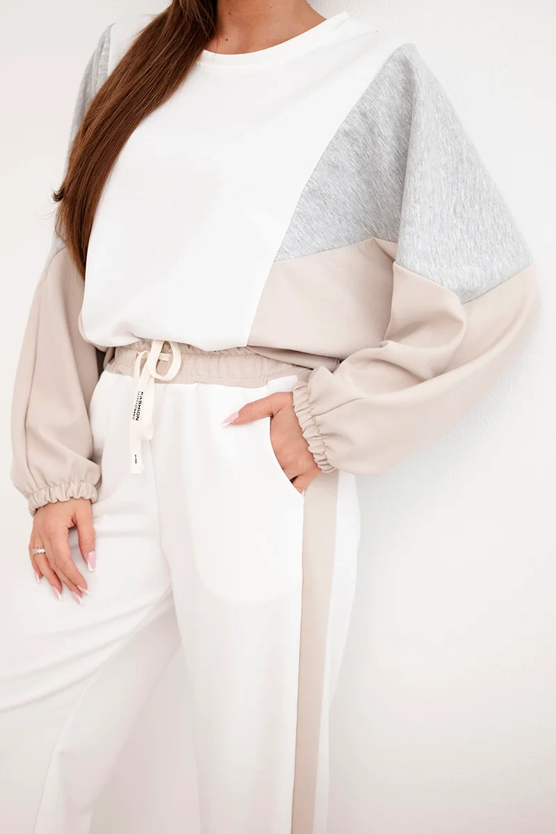 Komplet damski masełko z luźną bluzą i spodniami z szeroką nogawką beżowy - obrazek 4