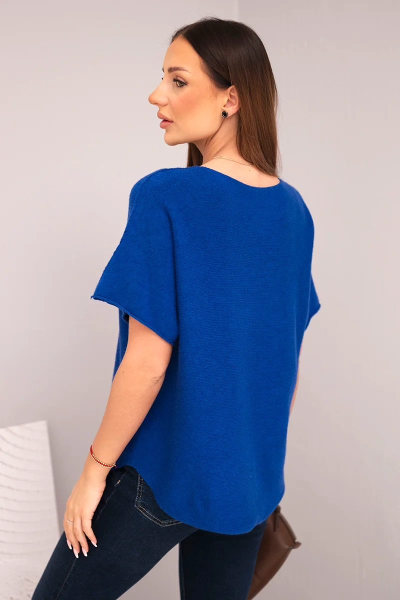 Bluzka damska sweterkowa z krótkim rękawem i dekoltem w serek chabrowa - obrazek 3