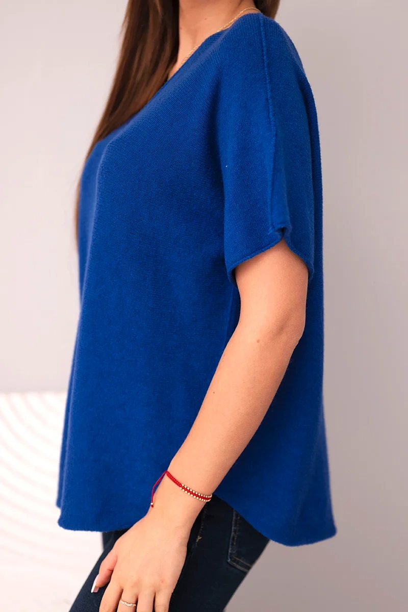 Bluzka damska sweterkowa z krótkim rękawem i dekoltem w serek chabrowa - obrazek 4