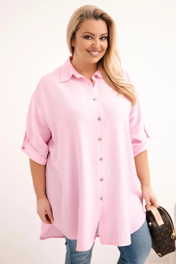 Koszula damska Plus Size z wiskozy z dłuższym tyłem cukierkowy róż